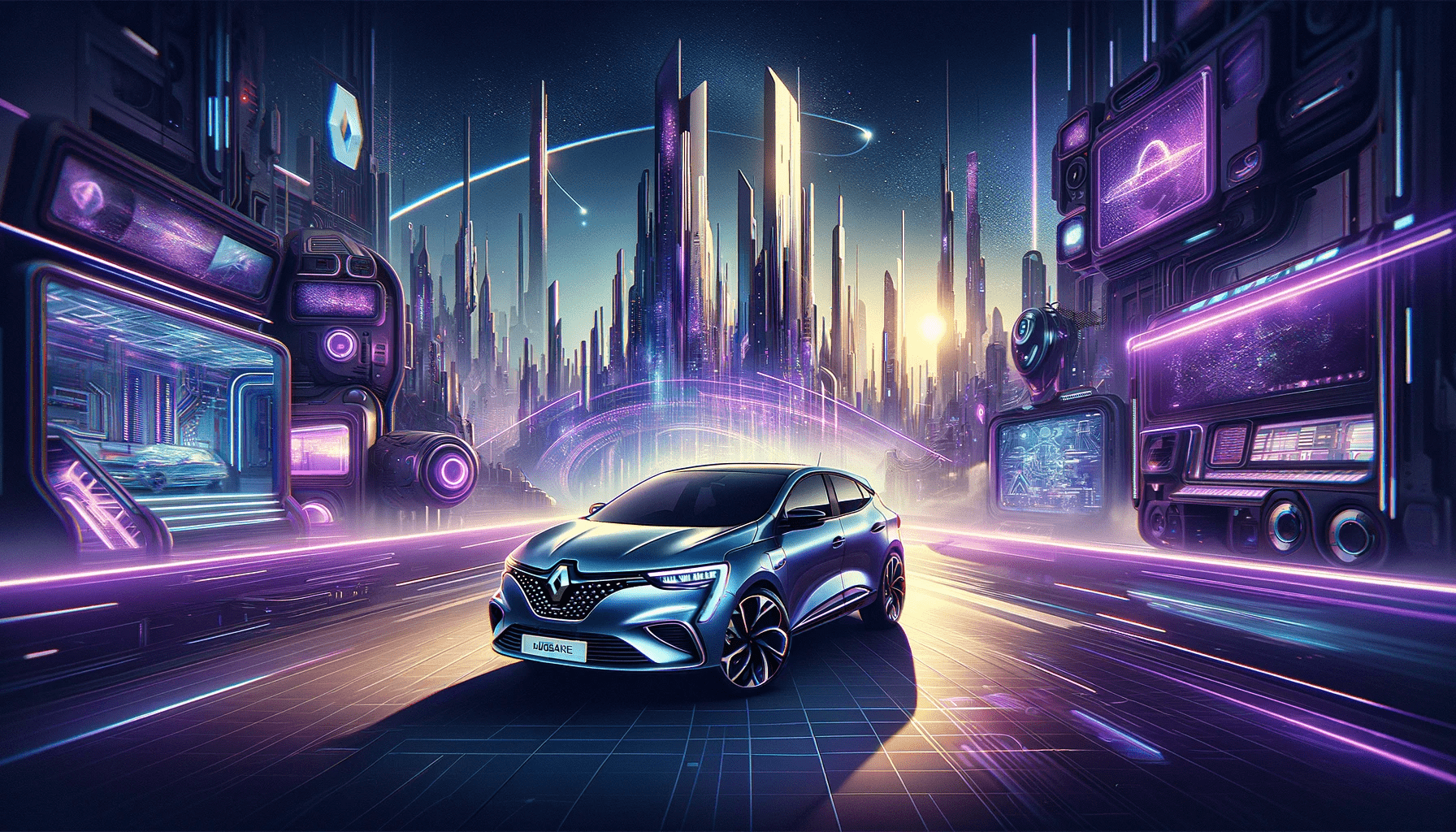DALL·E 2023-12-15 14.02.56 - A futuristic poster featuring a Renault Mégane car. The setting is a futuristic cityscape with towering skyscrapers, neon lights, and advanced technol-min